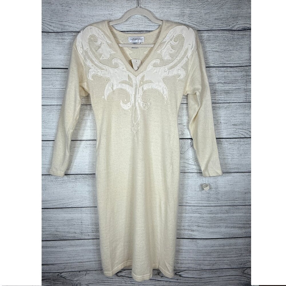 NWT Vintage Outlander Lambswool Angora Padded Shoulders Cream Dress Size XS